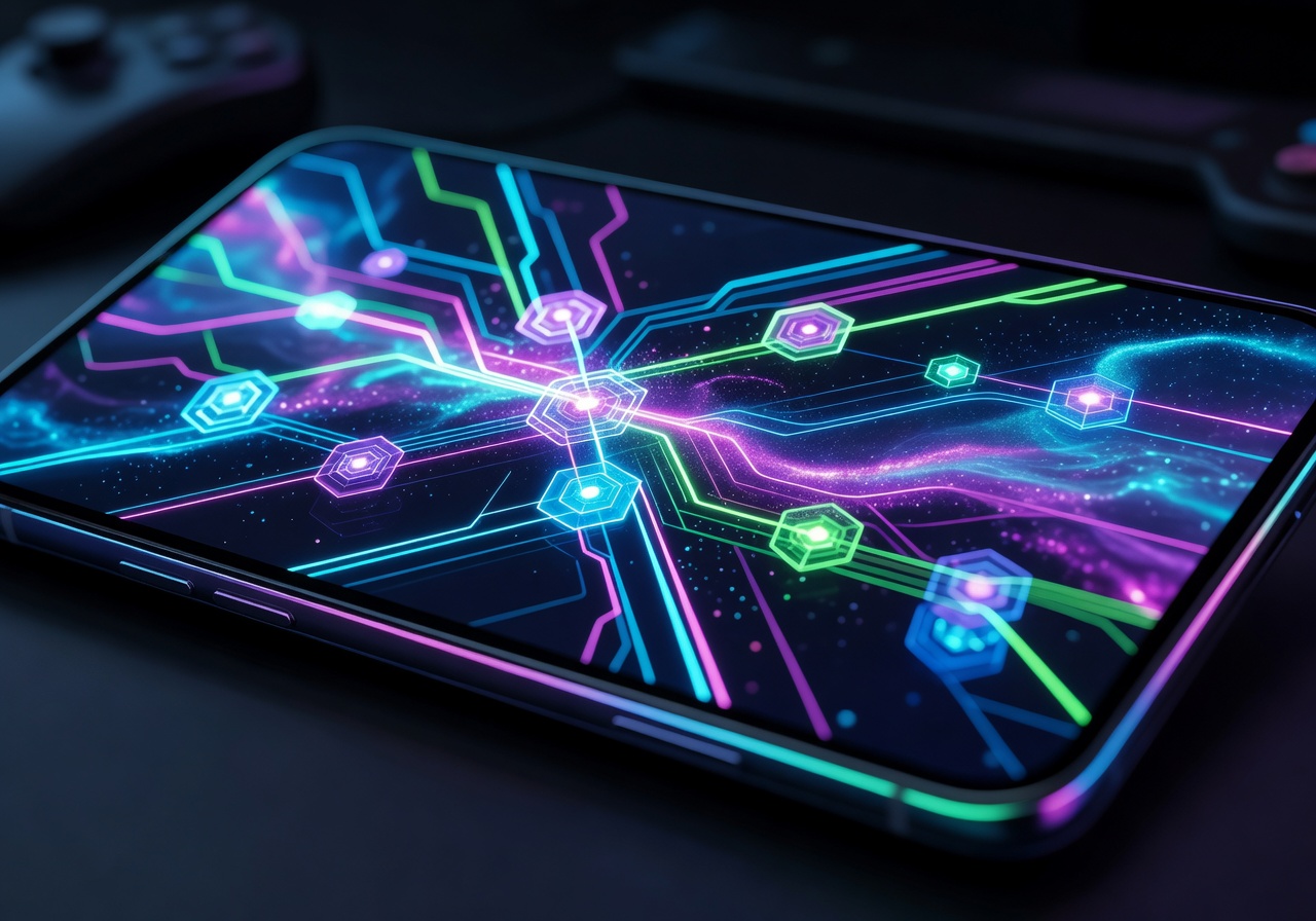 Futuristic neon gaming interface on mobile device