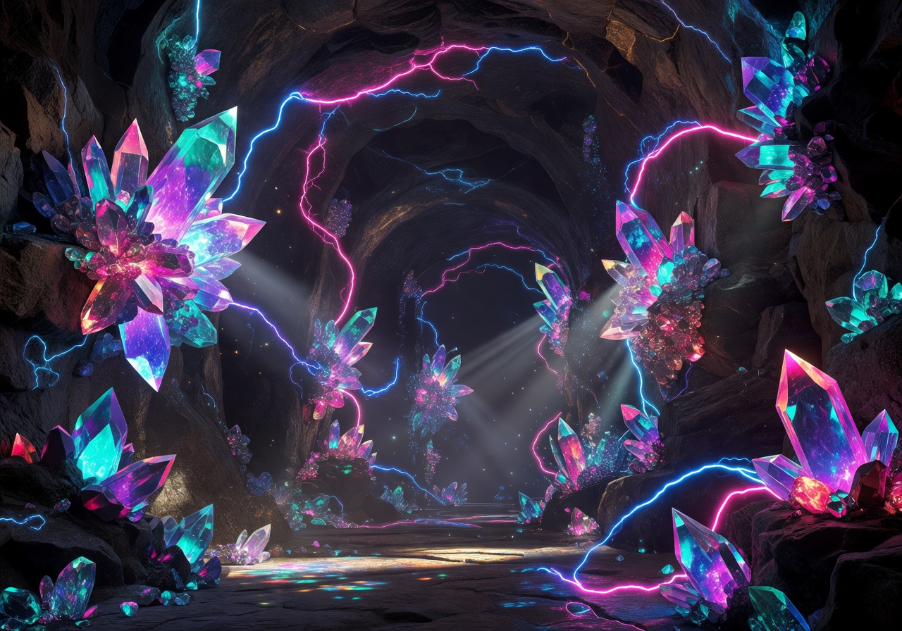 Glowing crystal gemstone vault chamber with neon energy