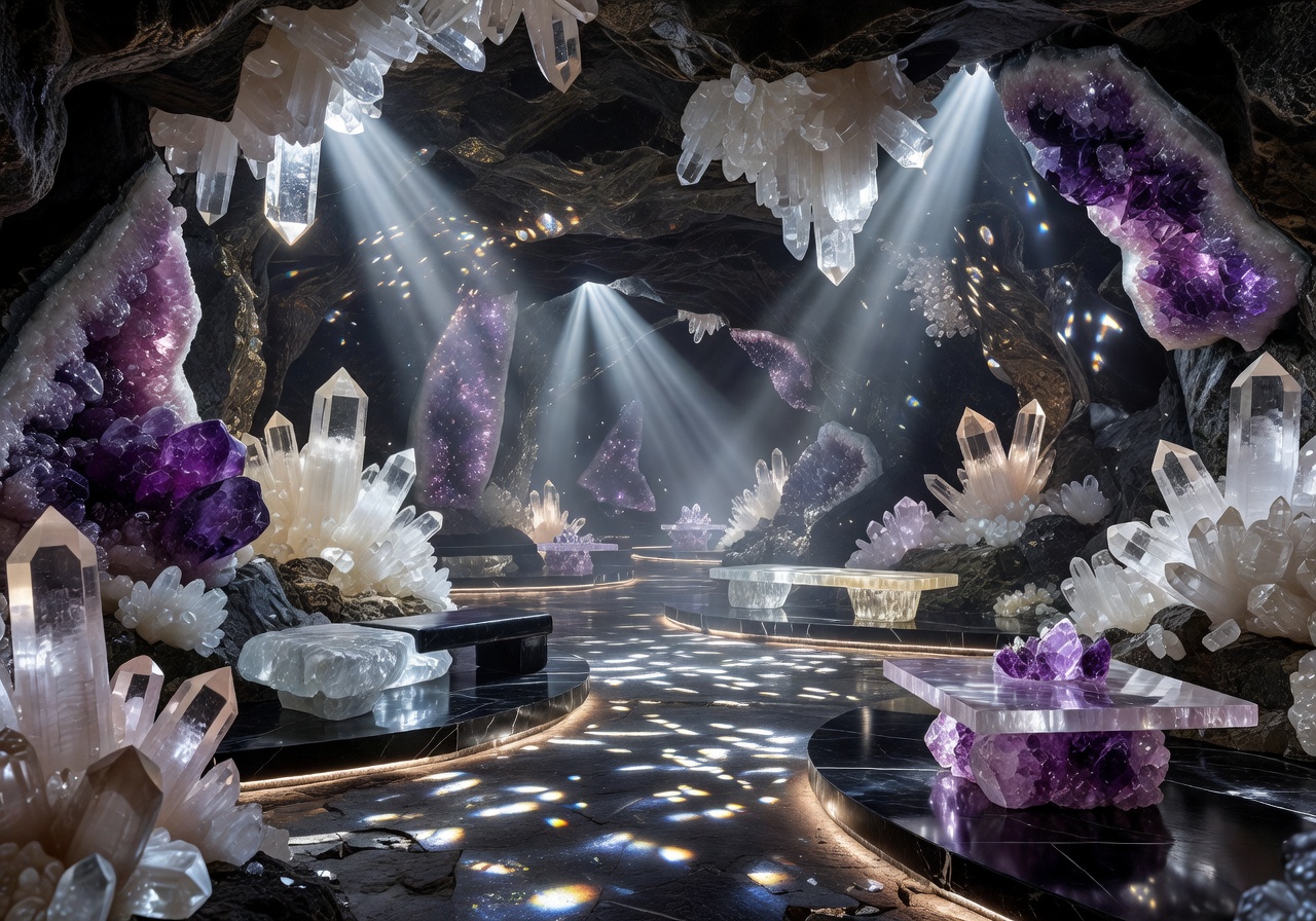 Underground luxury crystal cavern with cinematic lighting